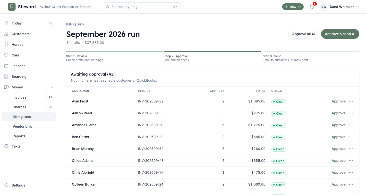 A billing run awaiting approval: one draft invoice per customer, each checked, with Approve & send.