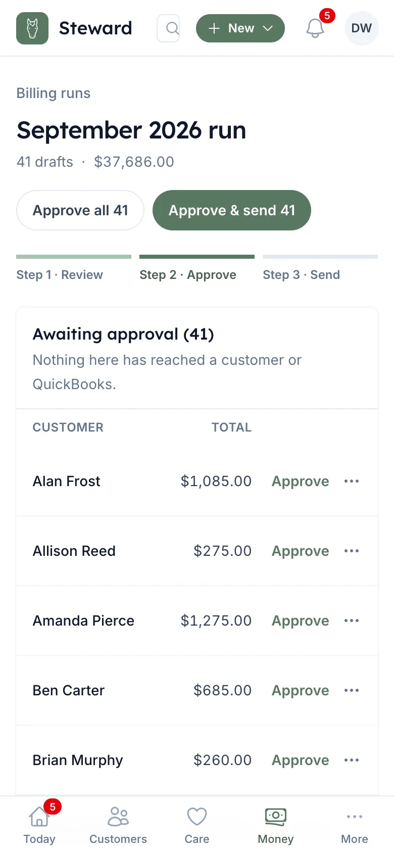 A billing run awaiting approval: one draft invoice per customer, each checked, with Approve & send.