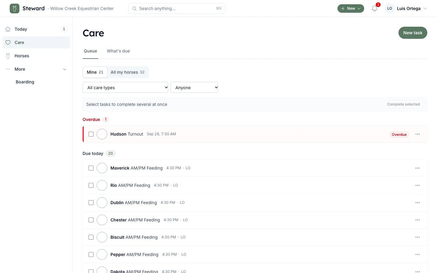 The care queue: overdue and due-today tasks, each with a round complete button.