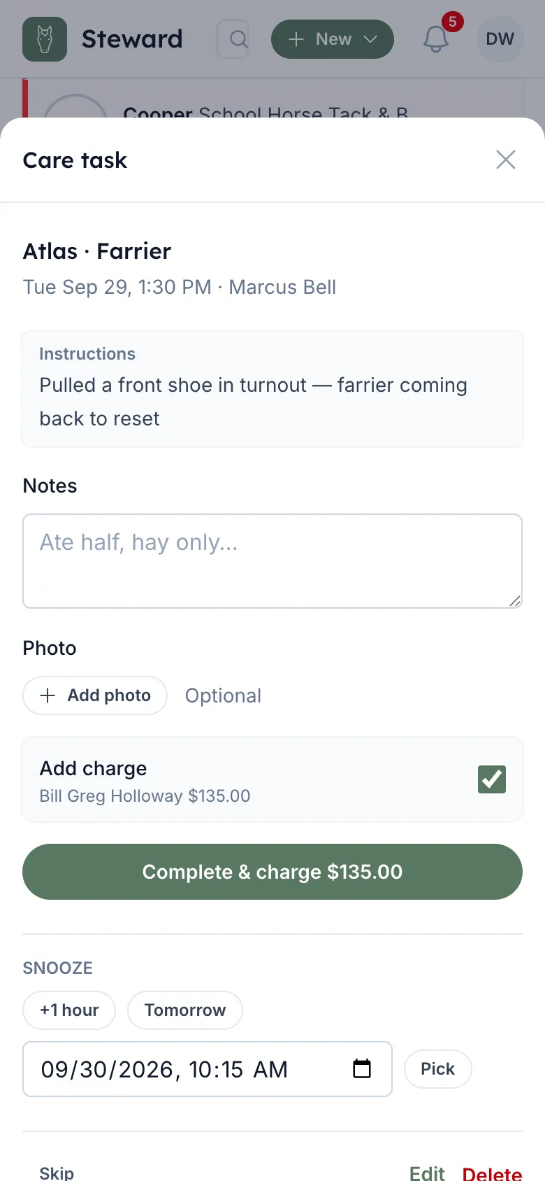 A care task open on a phone: Atlas, Farrier, with Add charge ticked for the owner and a Complete & charge $135.00 button.