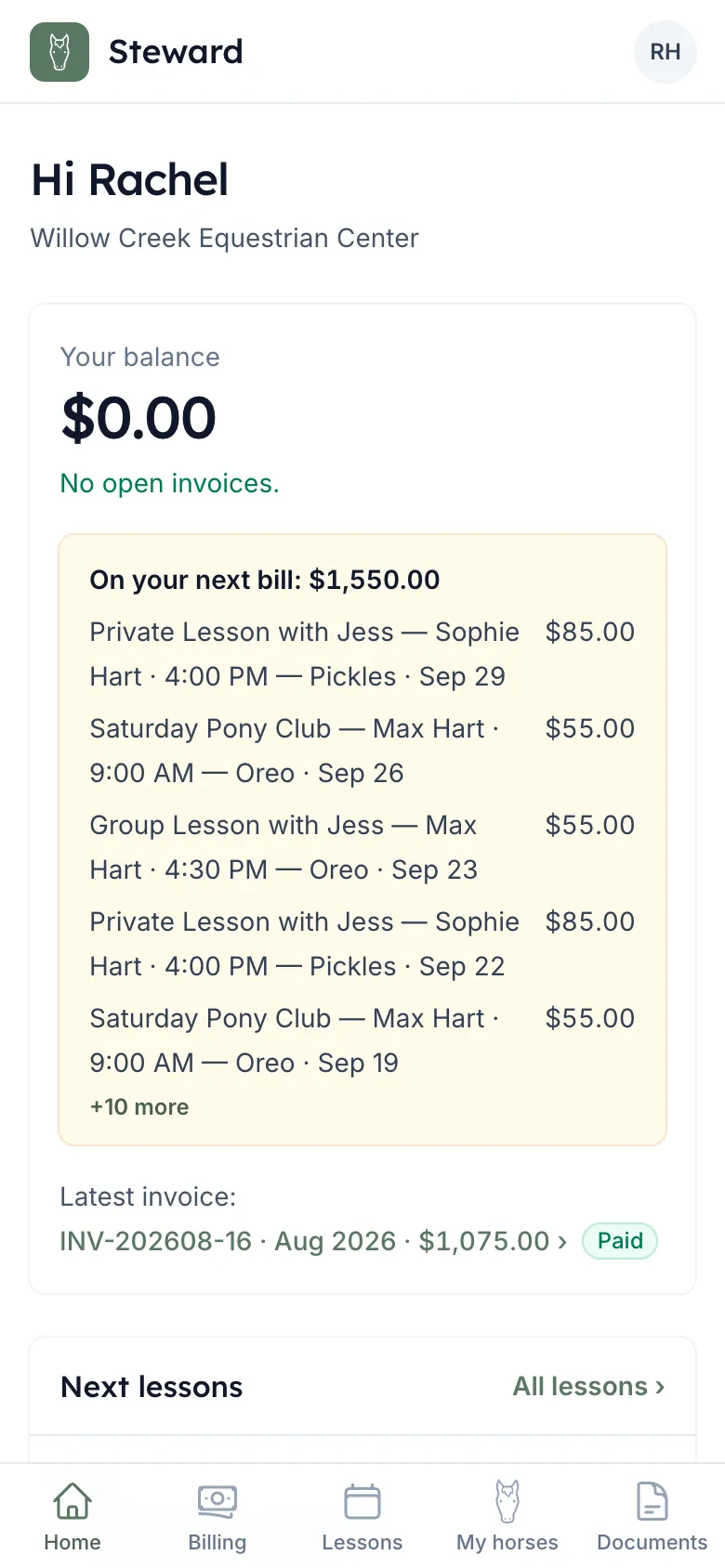 A boarder's home screen on a phone: their balance, what's on the next bill, and the latest invoice, paid.