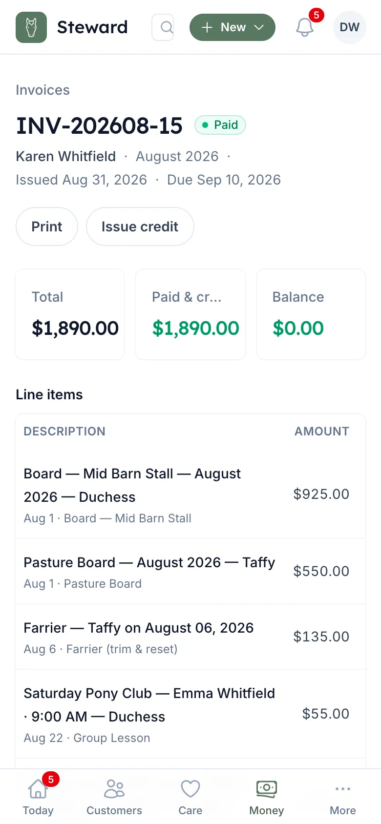 An invoice with board lines and a Farrier line for Taffy.