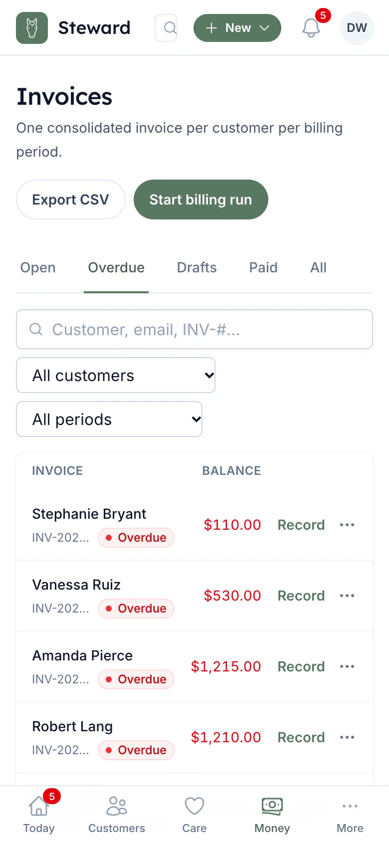 The Invoices list on a phone, filtered to overdue: each customer, what they owe and a Record button.