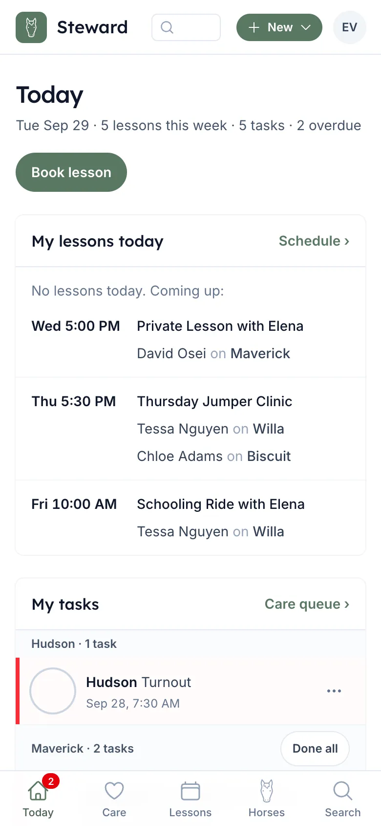 A trainer's Today on a phone: lessons coming up and my tasks, with an overdue turnout marked, and nothing about money.